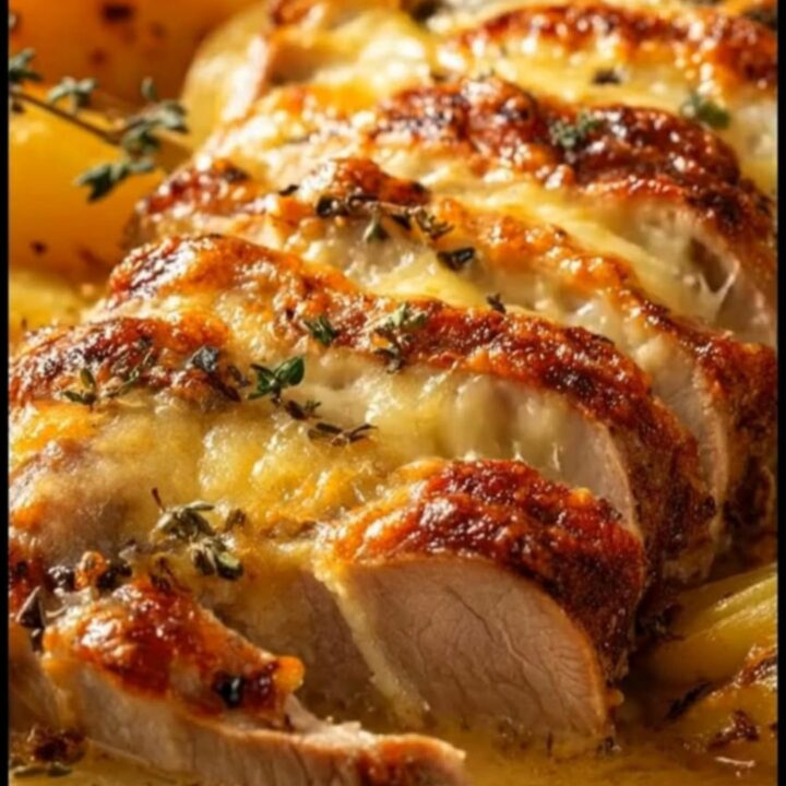 A golden roasted pork tenderloin with potatoes covered in a rich herb cream sauce in a baking dish.