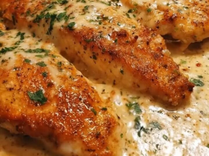 Golden seared chicken cutlets served in a cast-iron skillet with a rich and bubbling creamy garlic sauce.
