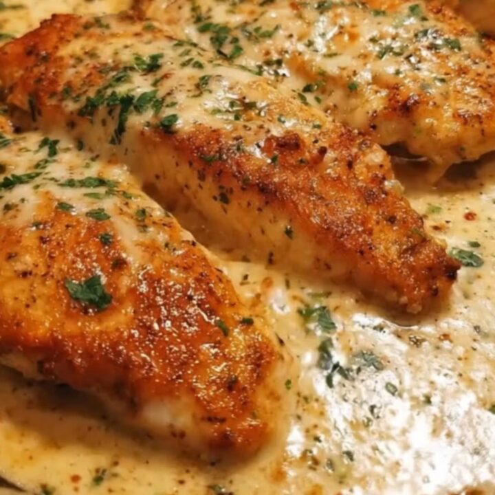 Golden seared chicken cutlets served in a cast-iron skillet with a rich and bubbling creamy garlic sauce.