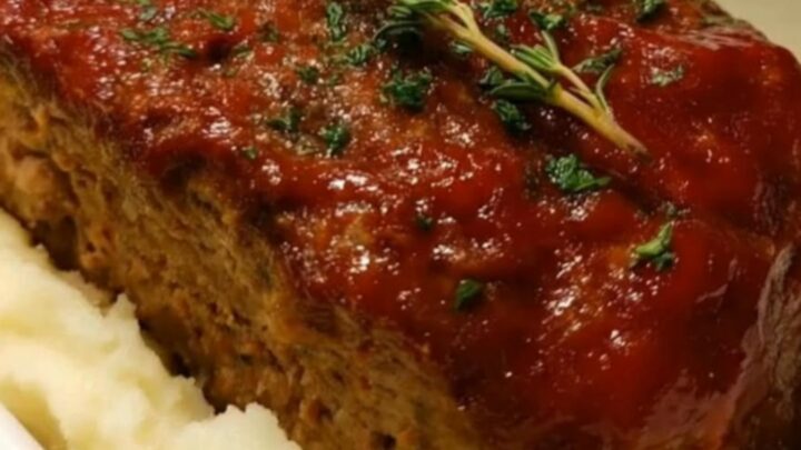A thick, steaming slice of homestyle meatloaf served over a bed of creamy, smooth mashed potatoes in a white dish.
