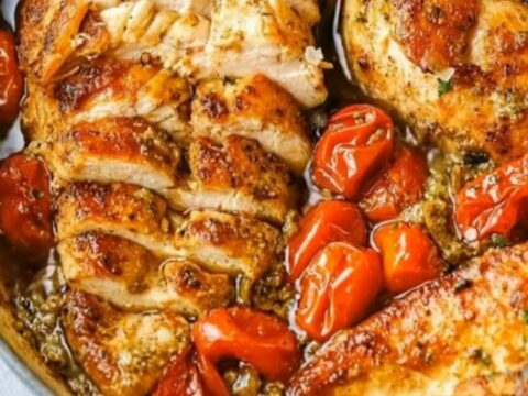 A rustic skillet filled with golden seared chicken breasts, blistered cherry tomatoes, and a savory garlic herb sauce.