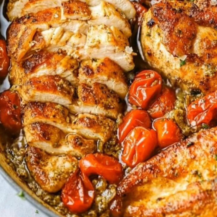 A rustic skillet filled with golden seared chicken breasts, blistered cherry tomatoes, and a savory garlic herb sauce.
