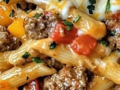 A glass baking dish filled with cheesy baked penne, browned sausage, and bell peppers.