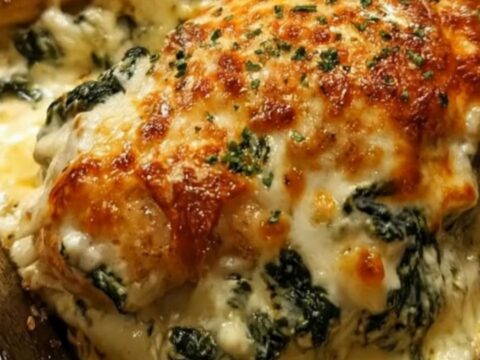 Golden brown stuffed chicken breast resting on a rustic baking dish with melted mozzarella cheese visible.