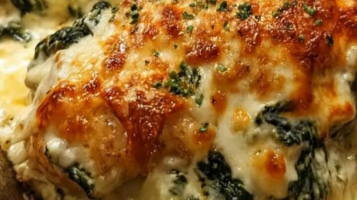 Golden brown stuffed chicken breast resting on a rustic baking dish with melted mozzarella cheese visible.