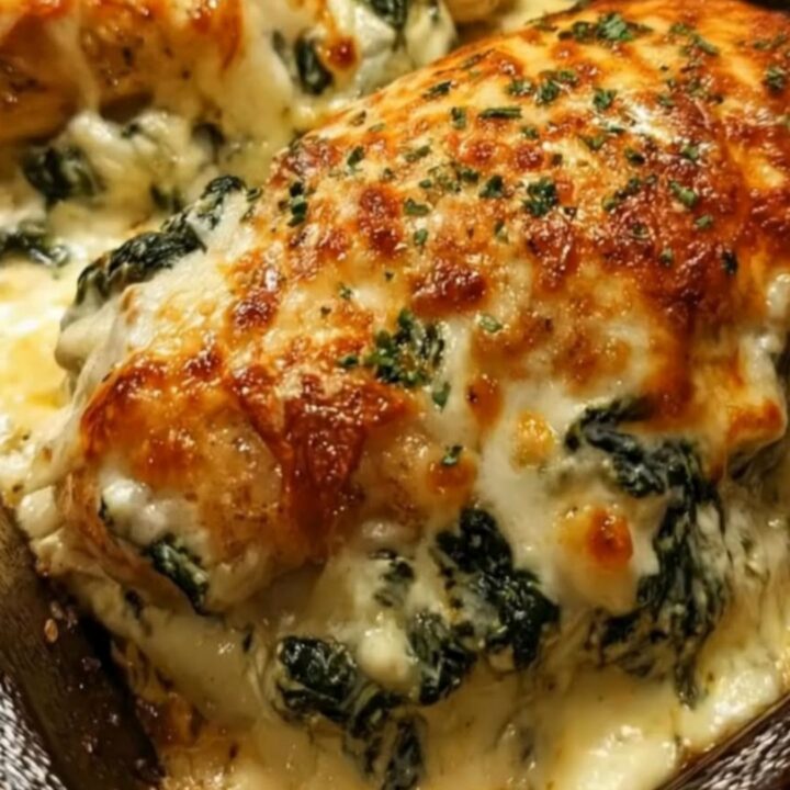 Golden brown stuffed chicken breast resting on a rustic baking dish with melted mozzarella cheese visible.