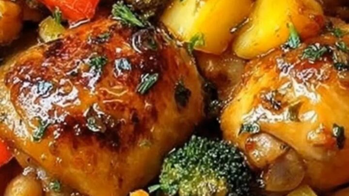 A golden-brown honey garlic roasted chicken thigh resting next to roasted potato chunks in a glass dish.