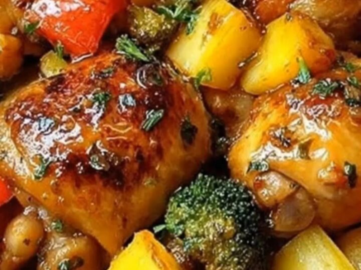 A golden-brown honey garlic roasted chicken thigh resting next to roasted potato chunks in a glass dish.