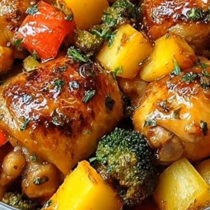 A golden-brown honey garlic roasted chicken thigh resting next to roasted potato chunks in a glass dish.