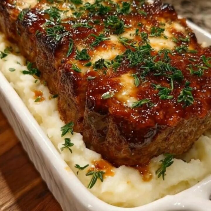 A thick, steaming slice of glazed meatloaf resting on a bed of creamy mashed potatoes in a white dish.