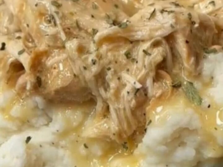 A ladle scooping tender shredded chicken and rich brown gravy from a slow cooker.