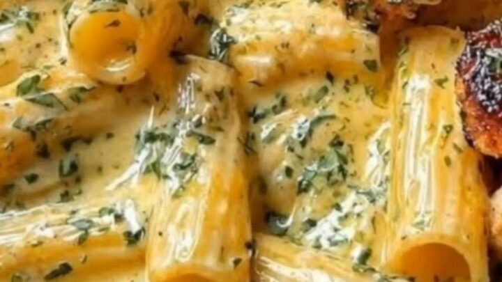 A steaming plate of creamy garlic chicken rigatoni with golden-seared chicken pieces and a glossy sauce.
