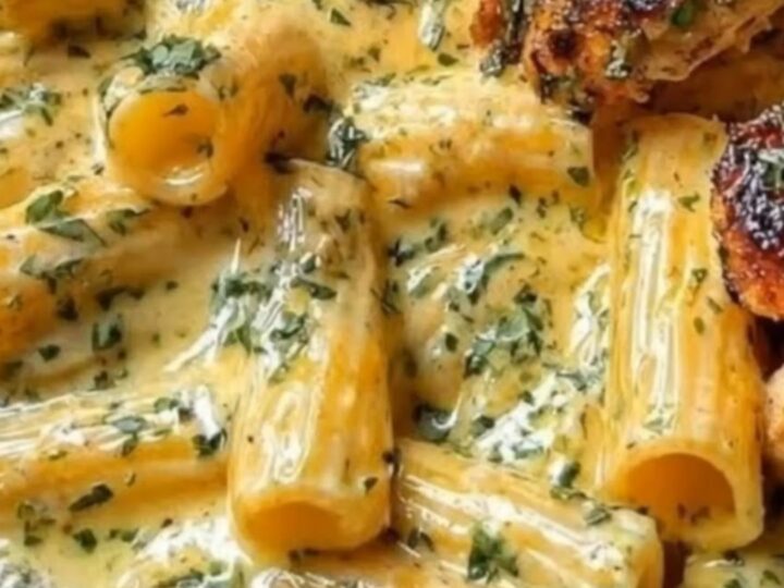 A steaming plate of creamy garlic chicken rigatoni with golden-seared chicken pieces and a glossy sauce.