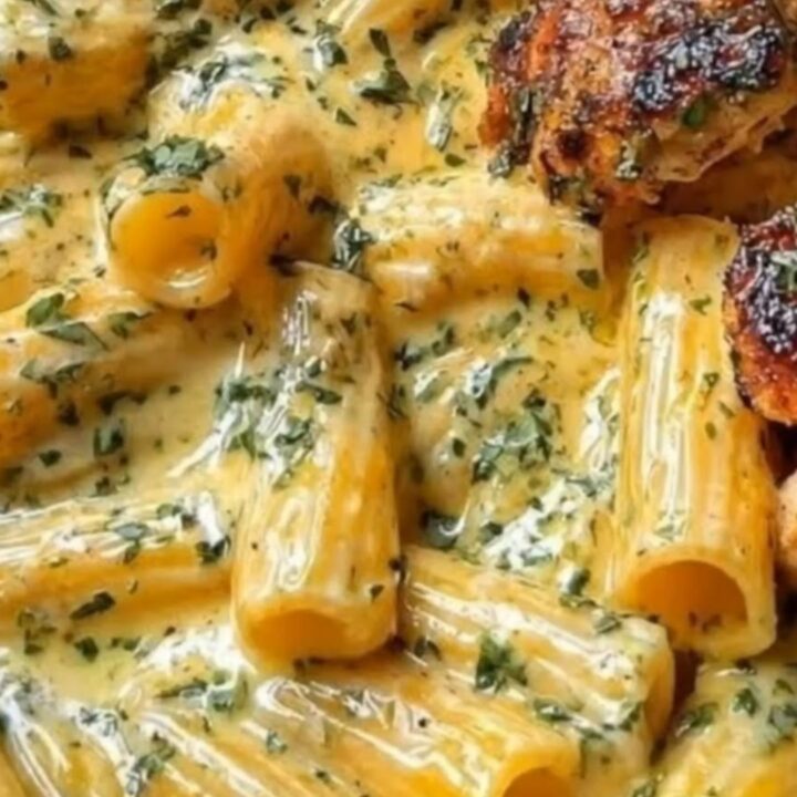 A steaming plate of creamy garlic chicken rigatoni with golden-seared chicken pieces and a glossy sauce.