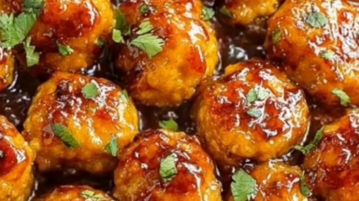 A black skillet filled with golden-brown chicken meatballs covered in a glossy