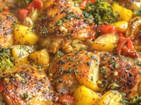 Golden roasted chicken thighs with crispy skin served alongside roasted potatoes and charred broccoli.