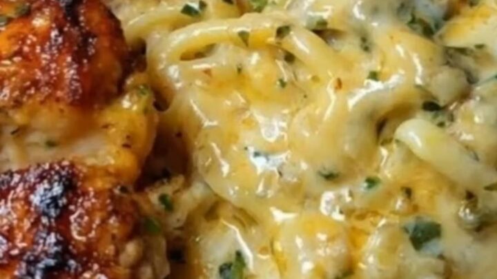 A close-up of creamy Cajun garlic butter chicken spaghetti with visible cheese pulls and fresh herbs.