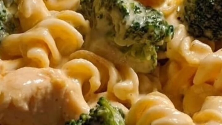 A steaming bowl of rotini pasta with tender chicken pieces and vibrant green broccoli florets.