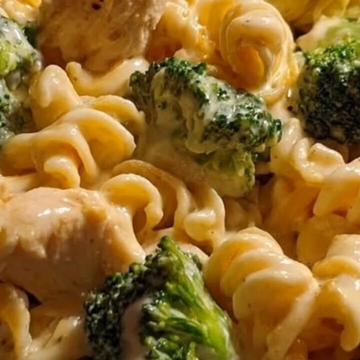 A steaming bowl of rotini pasta with tender chicken pieces and vibrant green broccoli florets.