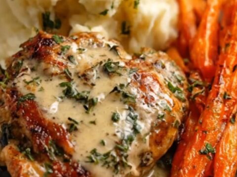 A golden-brown seared chicken thigh served with creamy mashed potatoes and roasted carrots.