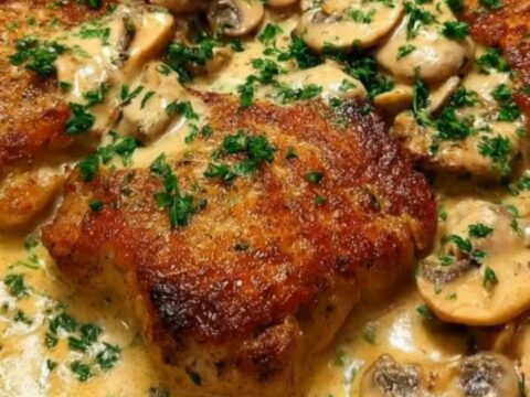A golden-seared chicken cutlet smothered in a rich, creamy mushroom sauce in a stainless steel skillet.