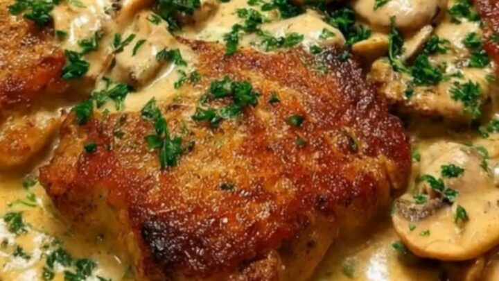 A golden-seared chicken cutlet smothered in a rich, creamy mushroom sauce in a stainless steel skillet.