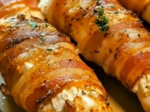 A close-up of bacon-wrapped cream cheese stuffed chicken on a plate with steam rising.