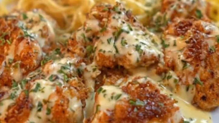 Golden crispy chicken bites in a creamy garlic parmesan sauce with fettuccine.