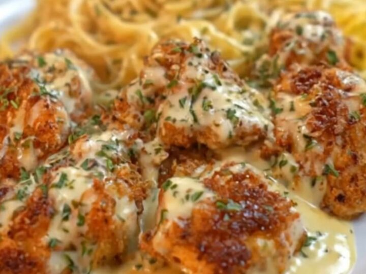 Golden crispy chicken bites in a creamy garlic parmesan sauce with fettuccine.