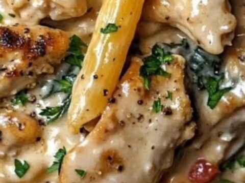 A steaming, glossy portion of creamy chicken piccata penne in a skillet.