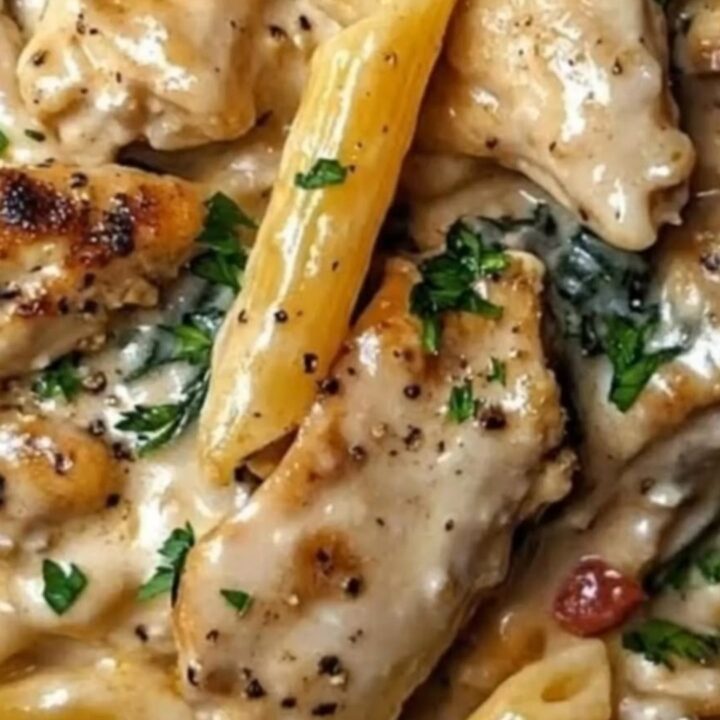 A steaming, glossy portion of creamy chicken piccata penne in a skillet.