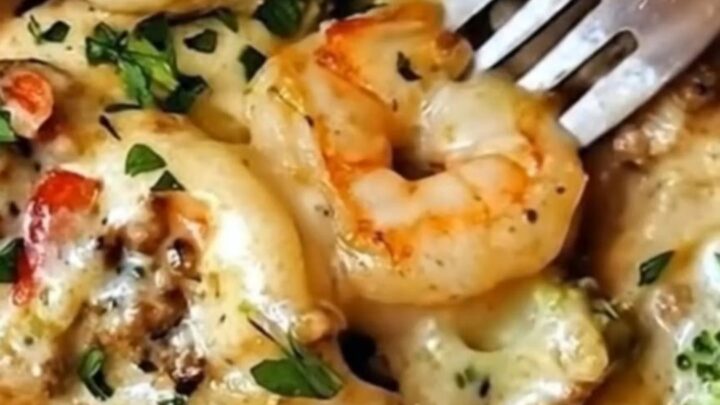 A close-up view of creamy shrimp alfredo linguine with bright green broccoli florets in a skillet.