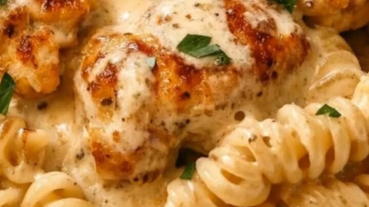 A close-up of a creamy garlic butter chicken and rotini pasta dish in a skillet.