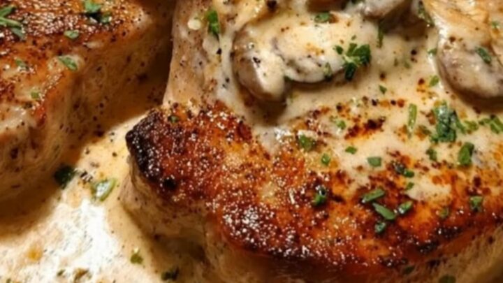 A rustic cast-iron skillet filled with golden-seared pork chops smothered in a creamy mushroom sauce.