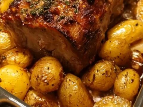 A golden-crusted herb-roasted pork loin resting in a dark pan with roasted baby potatoes.