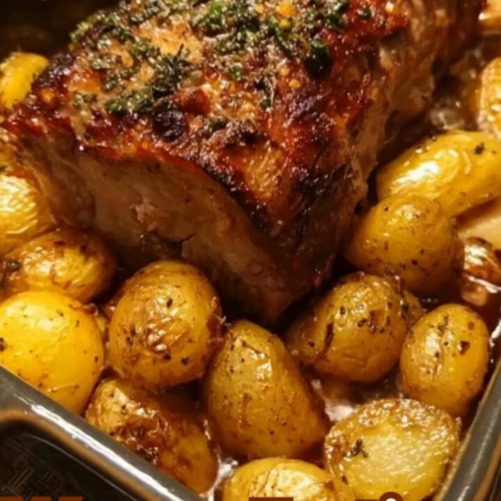 A golden-crusted herb-roasted pork loin resting in a dark pan with roasted baby potatoes.