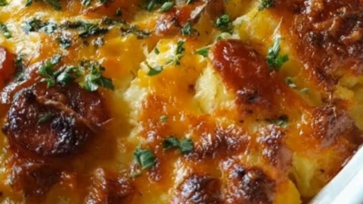 A golden, bubbling cheesy potato and sausage bake in a white dish with steam rising.