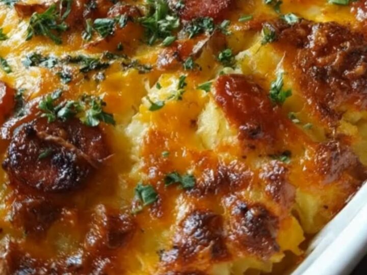 A golden, bubbling cheesy potato and sausage bake in a white dish with steam rising.