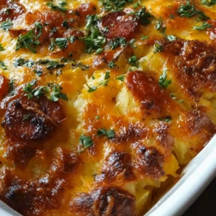 A golden, bubbling cheesy potato and sausage bake in a white dish with steam rising.