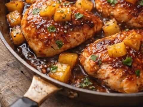 A close-up of sticky pineapple glazed chicken thighs in a skillet, showing a glossy sauce and golden pineapple chunks.