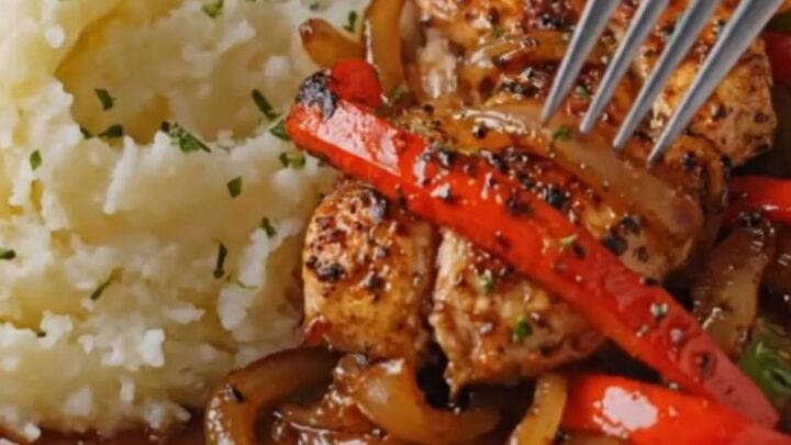 Juicy chicken slices and sautéed colorful bell peppers in a skillet.