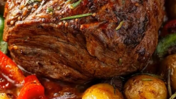 A juicy slice of herb-crusted roast beef being carved, surrounded by golden roasted potatoes and colorful bell peppers.