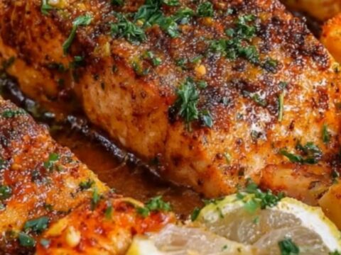 A steaming, perfectly seasoned Cajun salmon fillet and tender shrimp on a baking sheet.