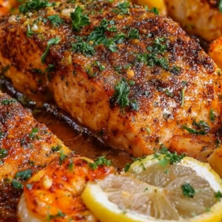 A steaming, perfectly seasoned Cajun salmon fillet and tender shrimp on a baking sheet.