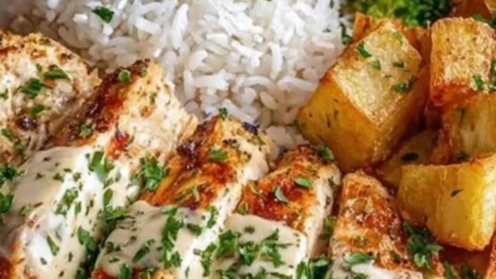 A golden-seared chicken breast smothered in a glossy garlic lemon cream sauce in a cast iron skillet.