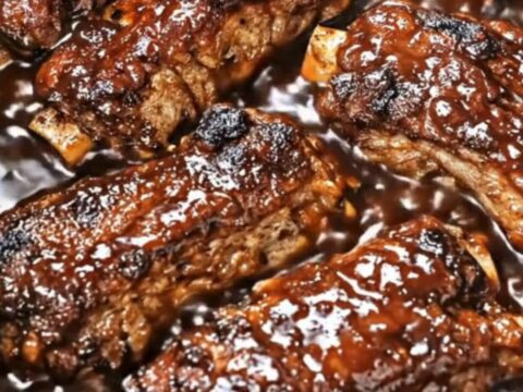 Close up of glossy, dark BBQ country ribs served on a white plate with metal tongs.