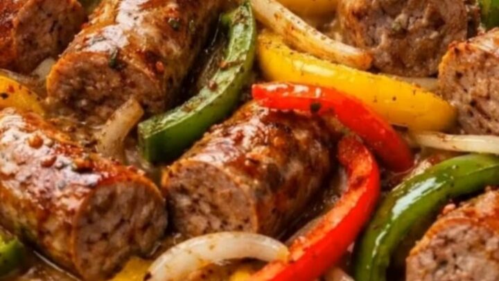 A cast-iron skillet filled with browned Italian sausage slices and colorful, tender bell pepper strips.
