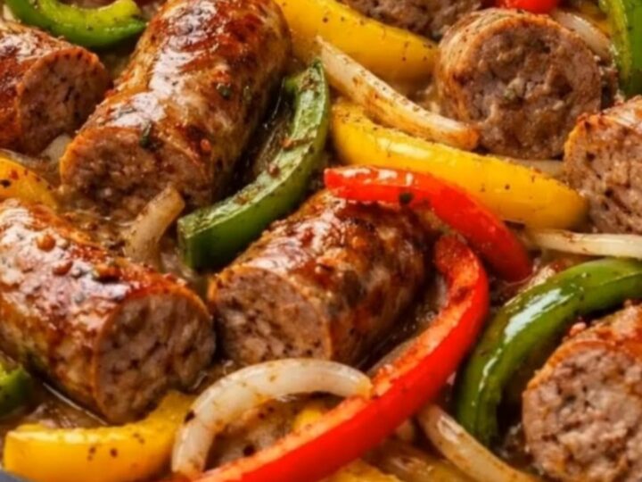 A cast-iron skillet filled with browned Italian sausage slices and colorful, tender bell pepper strips.