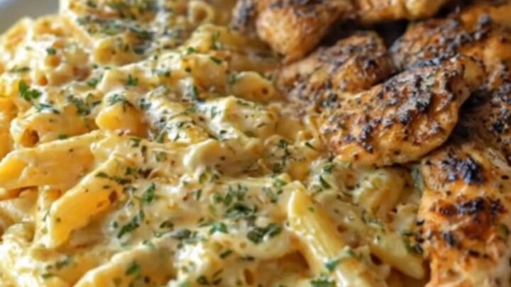 A close-up view of creamy garlic parmesan chicken penne served on a large white platter with visible steam.