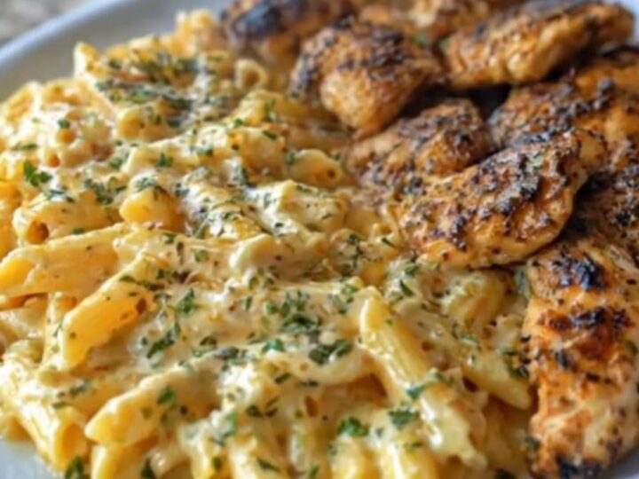 A close-up view of creamy garlic parmesan chicken penne served on a large white platter with visible steam.